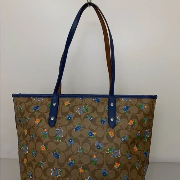 Coach City Tote in Brown Signature Floral with Blue Trim - Picture 6 of 8